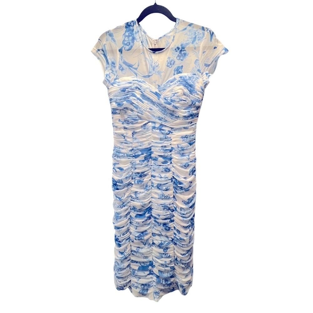 Vicky Tiel Blue and White Ruched Floral Dress- Size S